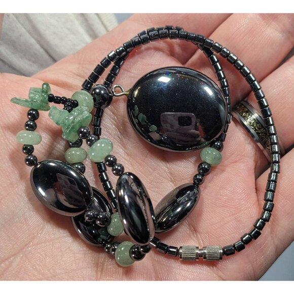 Handmade Hematite And Green Amethyst Beaded Drop Necklace - Picture 4 of 6
